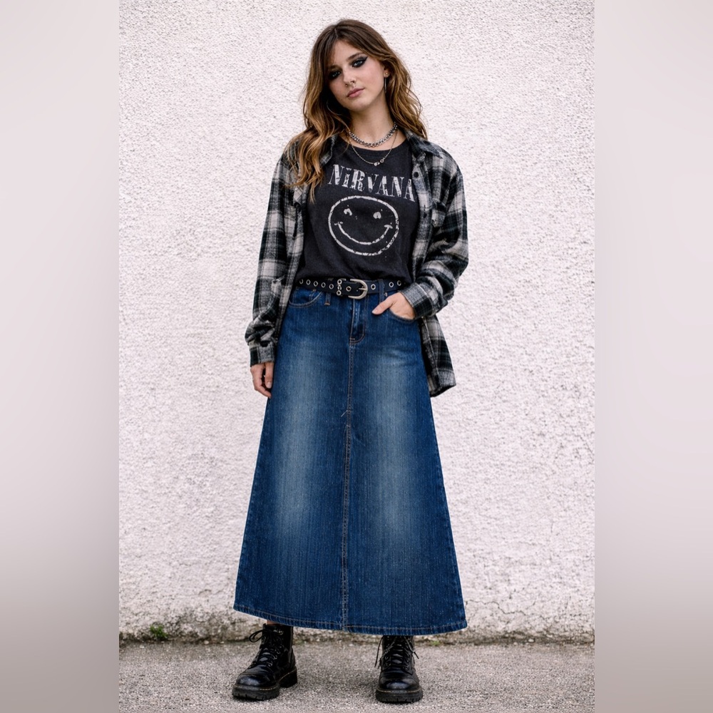 Vintage Angels Womens Denim Blue Grunge  Maxi Skirt/Front Slit‎ 30” 5 Junior 6
